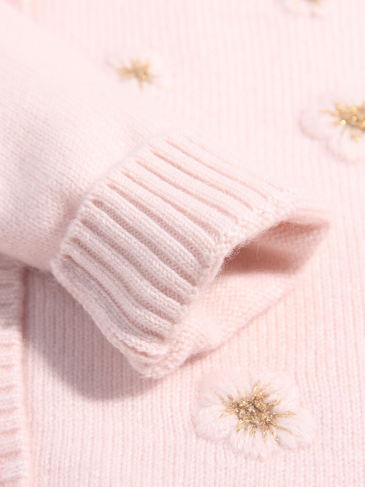 Girls Light Pink Embroidered Flower Cashmere Cardigan